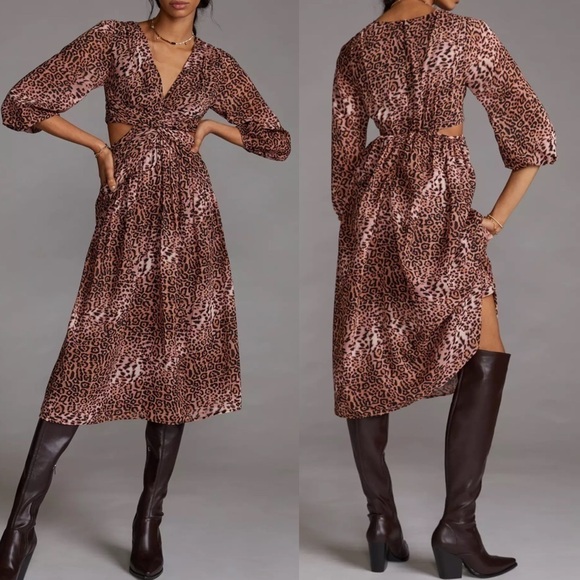 Anthropologie Ranna Gill Leopard Cut-Out Midi Dress - Picture 1 of 10